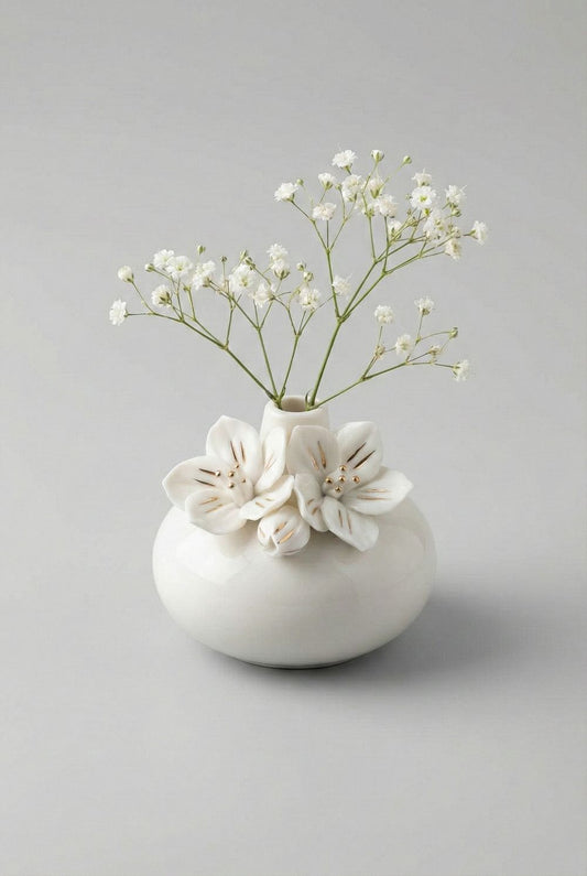 Vase soliflore Mathilde M en porcelaine blanche avec fleurs en relief et touches dorées, petit vase romantique shabby chic pour brindille ou petite fleur, décoration de charme poétique