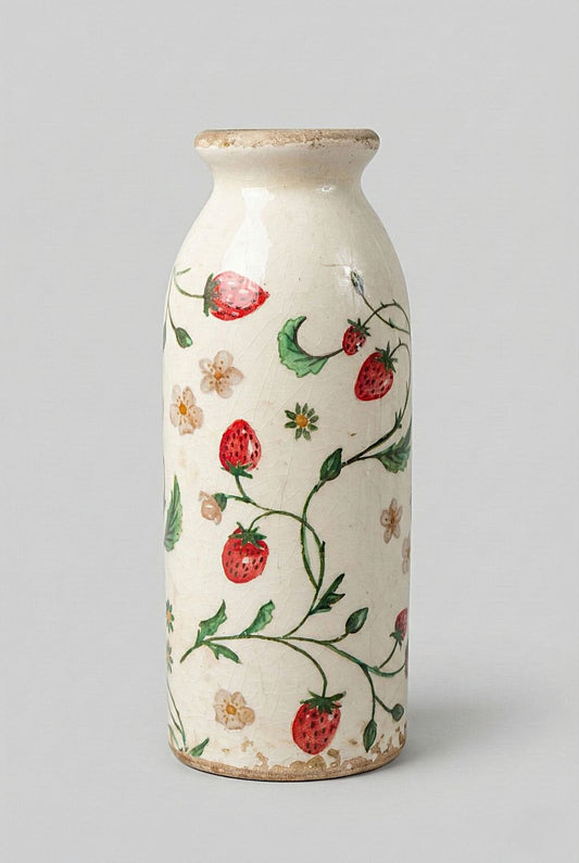 Vase décoratif en céramique blanc cassé avec motifs de fraises et fleurs, style shabby chic, ambiance romantique et bucolique, couleurs rouge, vert et blanc.