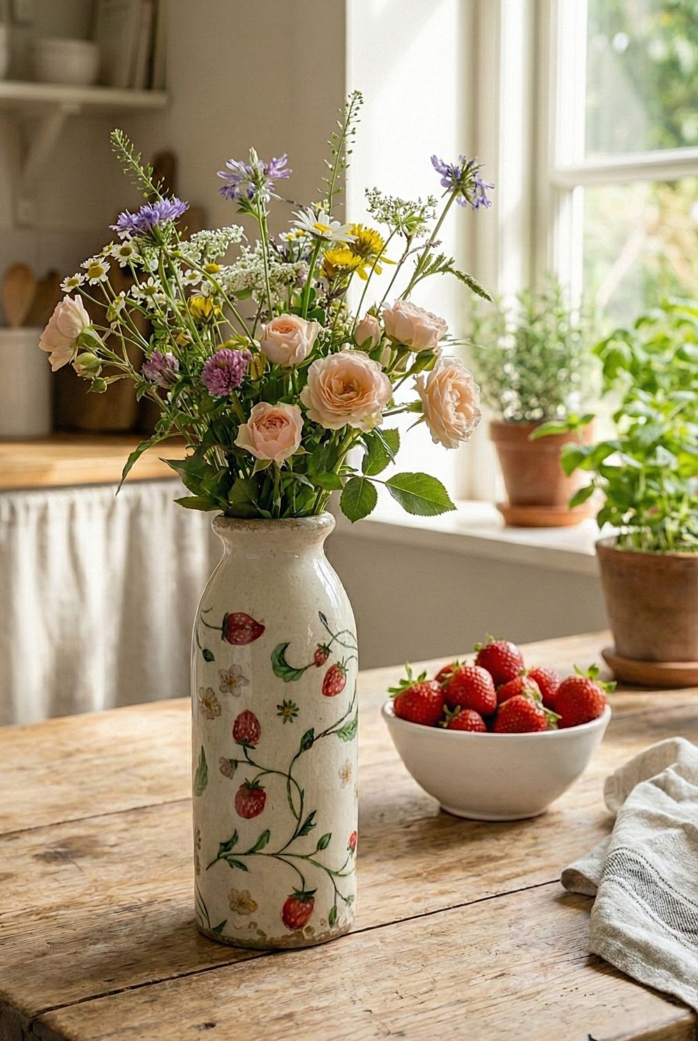Vase décoratif en céramique blanc cassé avec motifs de fraises et fleurs, style shabby chic, ambiance romantique et bucolique, couleurs rouge, vert et blanc.