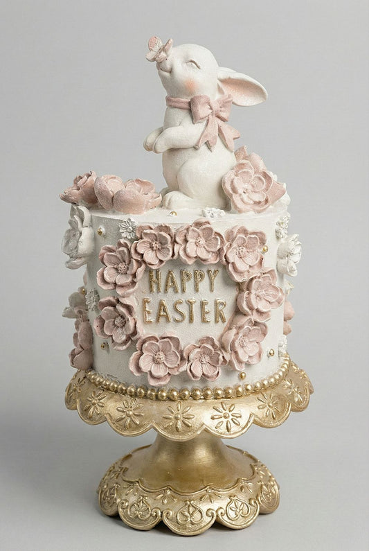 Wedding Easter Cake avec lapin blanc, fleurs roses et socle doré – décoration de Pâques romantique 17,8 x 17,8 x 32 cm