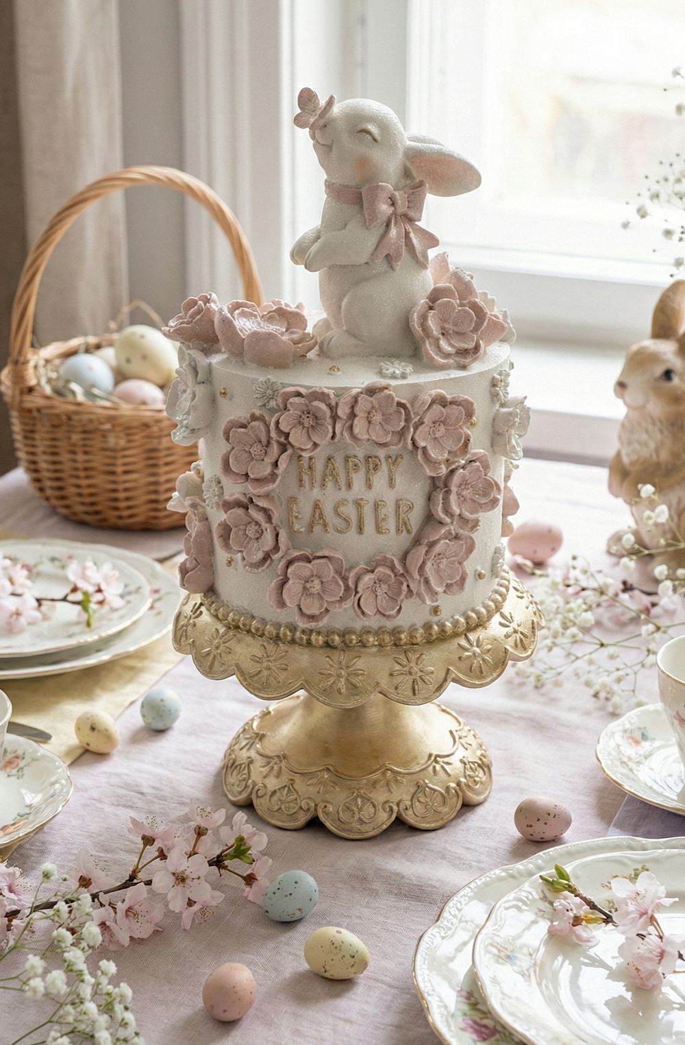 Wedding Easter Cake avec lapin blanc, fleurs roses et socle doré – décoration de Pâques romantique 17,8 x 17,8 x 32 cm