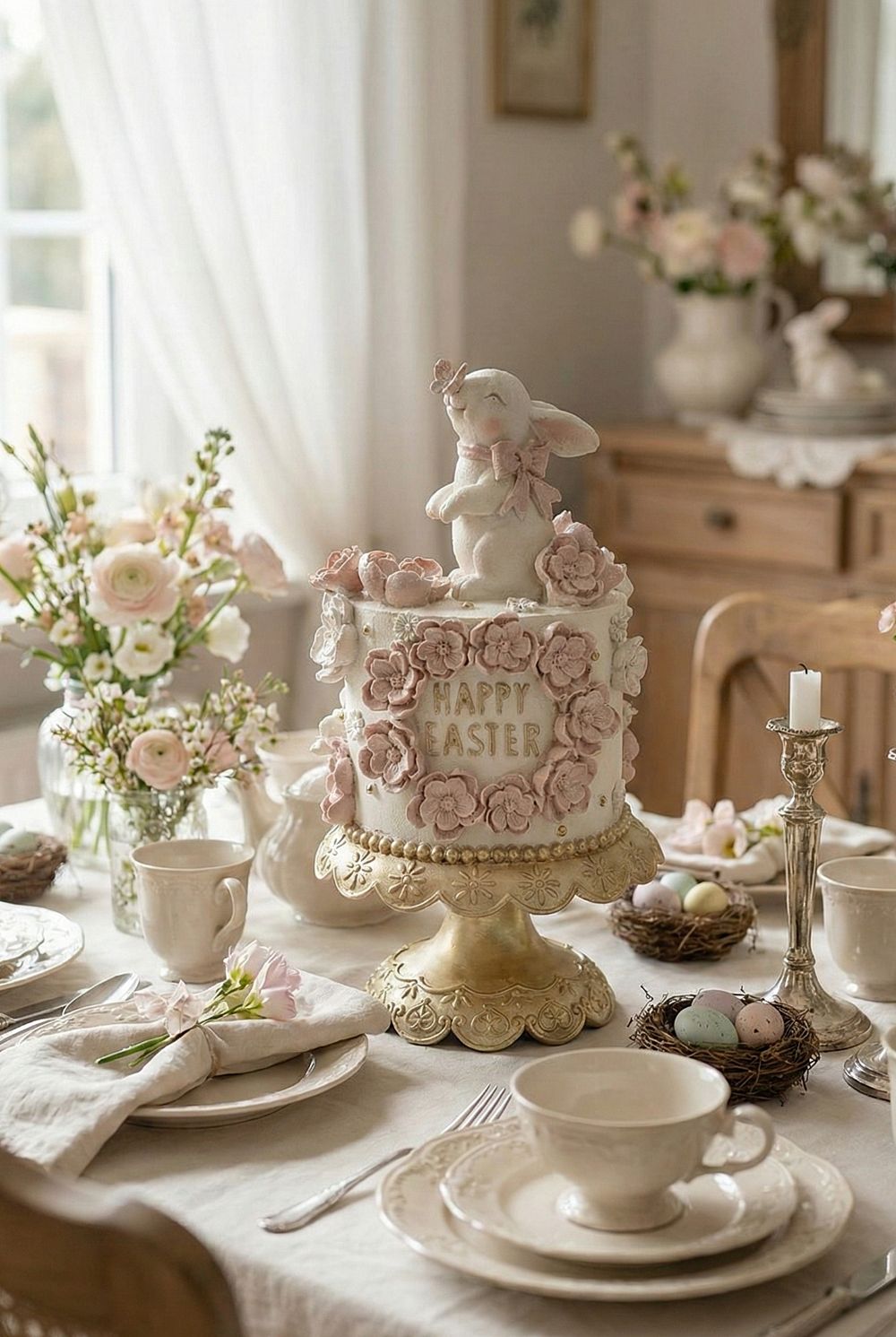 Wedding Easter Cake avec lapin blanc, fleurs roses et socle doré – décoration de Pâques romantique 17,8 x 17,8 x 32 cm