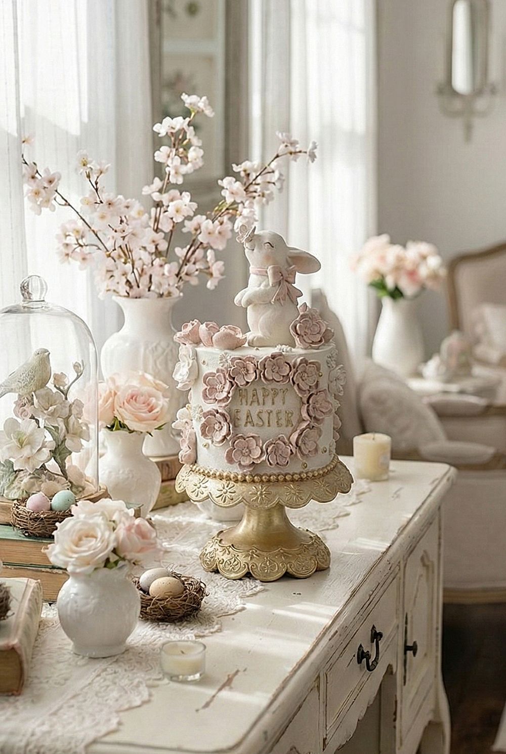 Wedding Easter Cake avec lapin blanc, fleurs roses et socle doré – décoration de Pâques romantique 17,8 x 17,8 x 32 cm